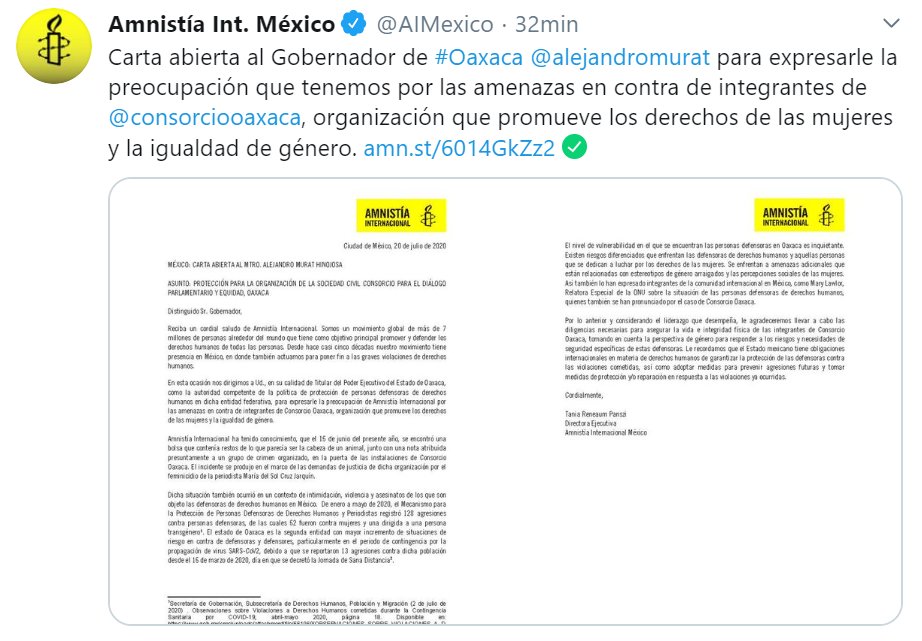 Mediante carta al Gobernador de Oaxaca, Amnistía Internacional exige protección para Consorcio Oaxaca
