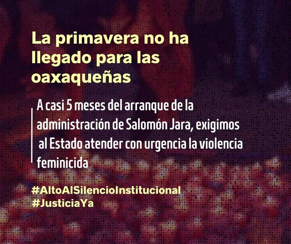A casi 5  meses del arranque de la #PrimaveraOaxaqueña Urgimos al Estado a atender de manera inmediata la violencia feminicida ¡Alto al silencio institucional!