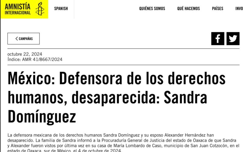 Emite Aministía Internacional Acción urgente por la desaparición de la defensora de derechos humanos, Sandra Estéfana Domínguez Martínez