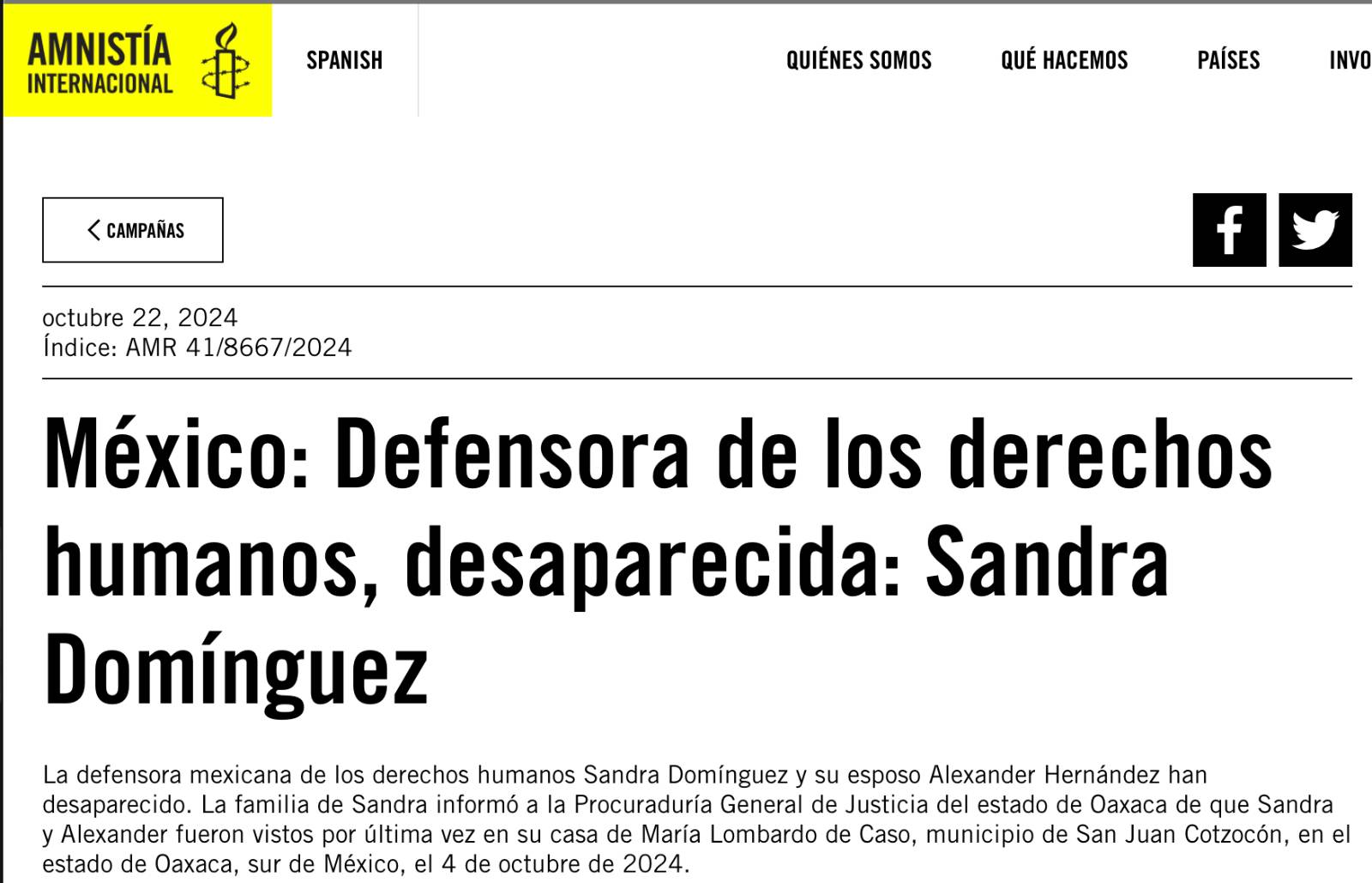 Emite Aministía Internacional Acción urgente por la desaparición de la defensora de derechos humanos, Sandra Estéfana Domínguez Martínez